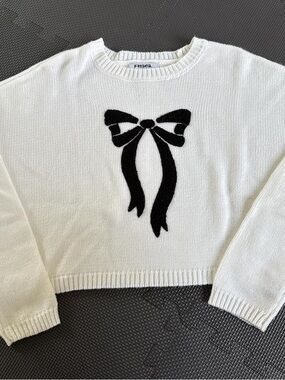 RSQ White Crewneck Sweater with Black Bow Motif